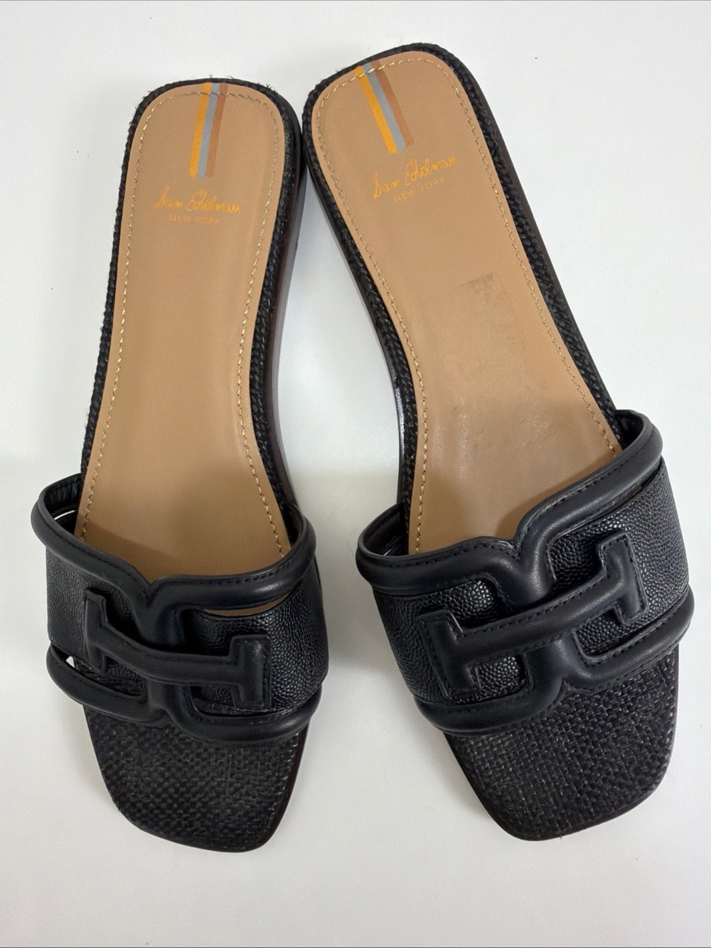 Sam Edelman Black Leather Slide Sandals Logo H Strap Flat Slides Women